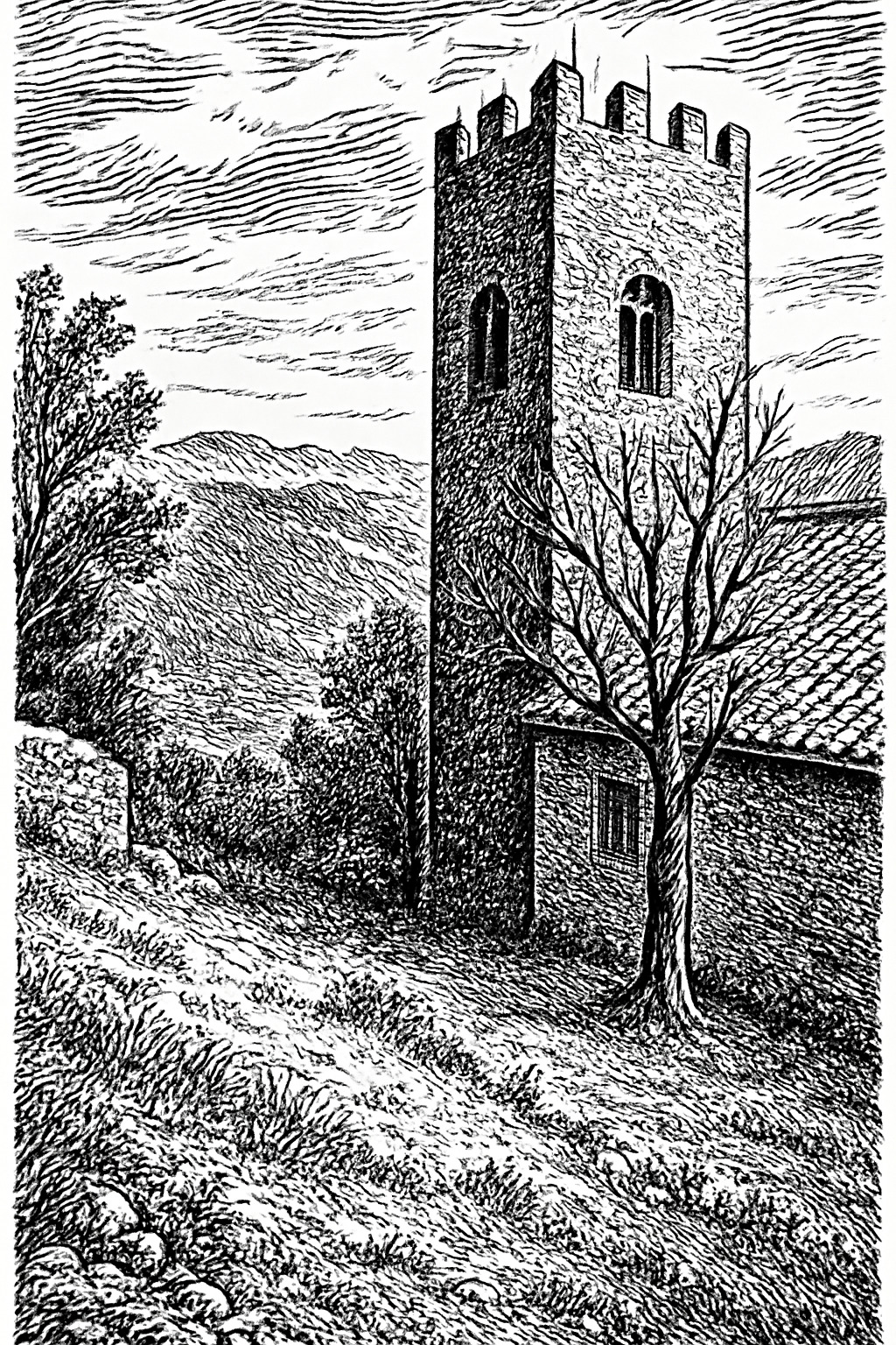 Disegno dell'esterno della Rocca di borgo a Mozzano
